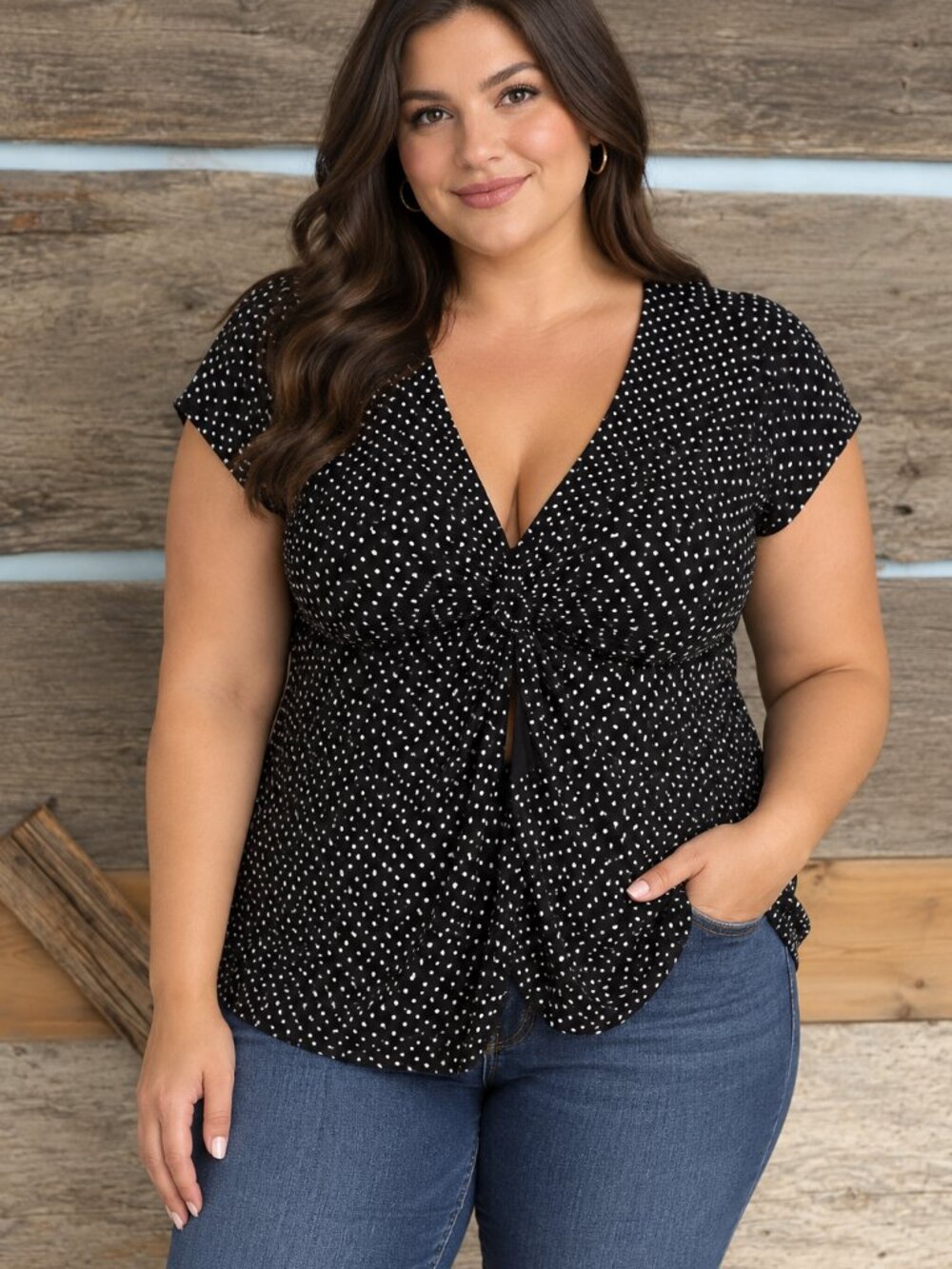 BEECHERS Brook Size Large Black/White Polka Dot V-Neck Top